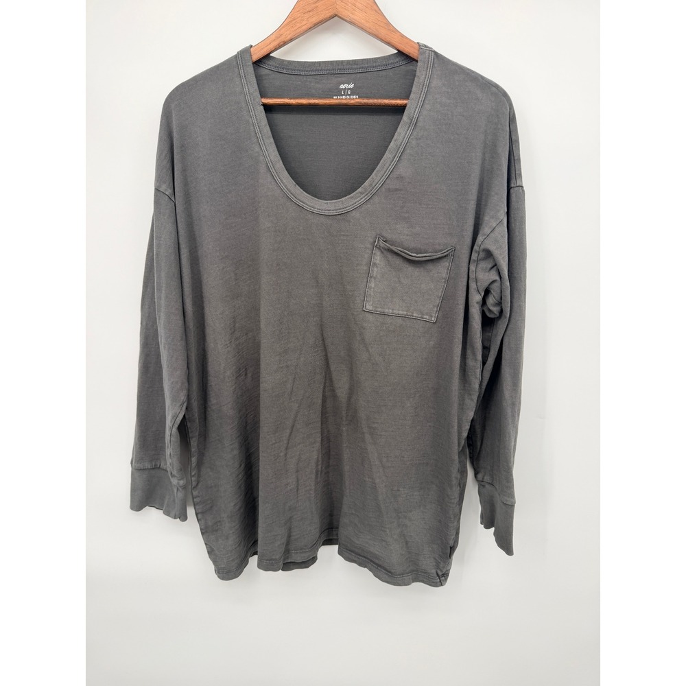 Aerie Long Sleeve Shirt Womens Large Gray Good Distressed Slub Cotton Scoop Neck